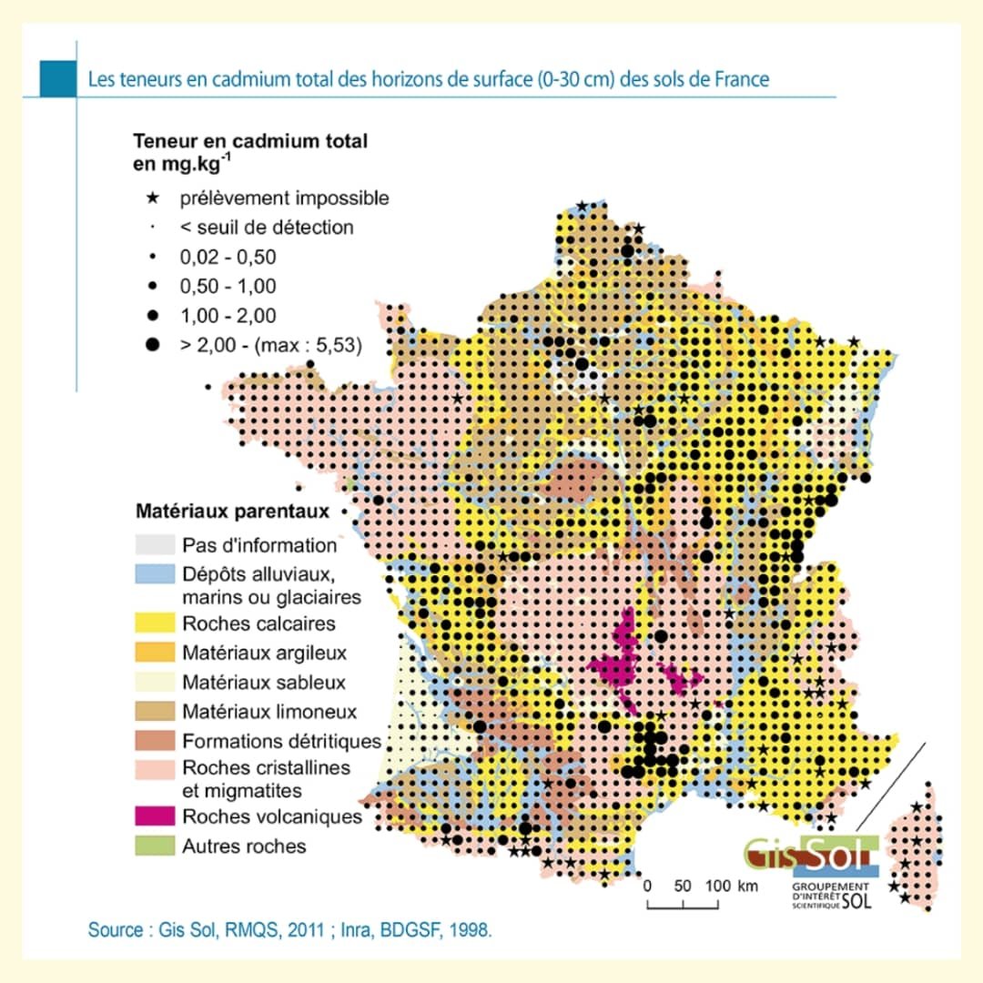 carte des teneurs en cadmium dans les sols français